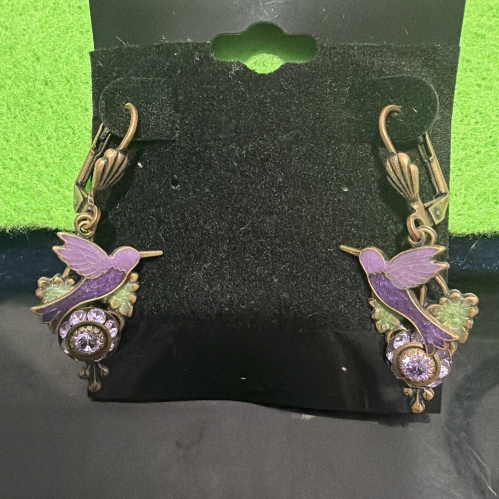 Vintage Crystal Flower Hummingbird Dangling Earrings Purple Brass Israel C3